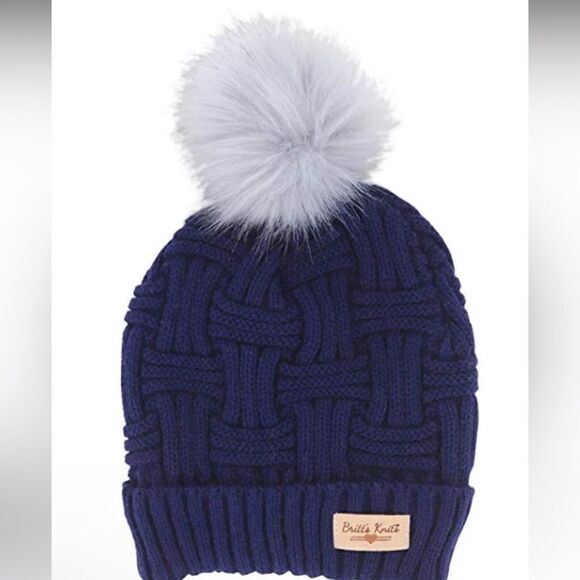 Britt's Knits Dark Blue Plush Lined Knit Pom Hat & Button Accent Gloves OS EUC! - Picture 1 of 9